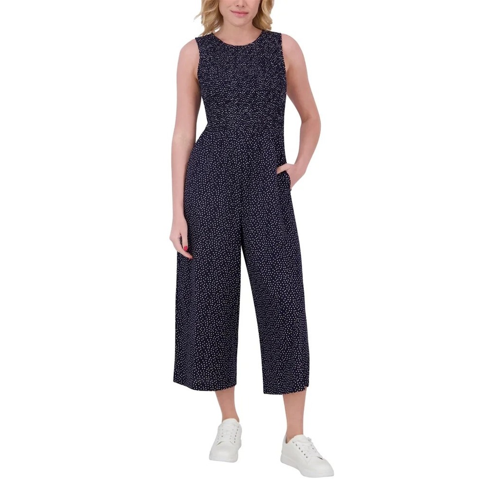 Andrew Marc Womens Navy Polka Dot Sleeveless Wide Leg Jumpsuit Size XL New